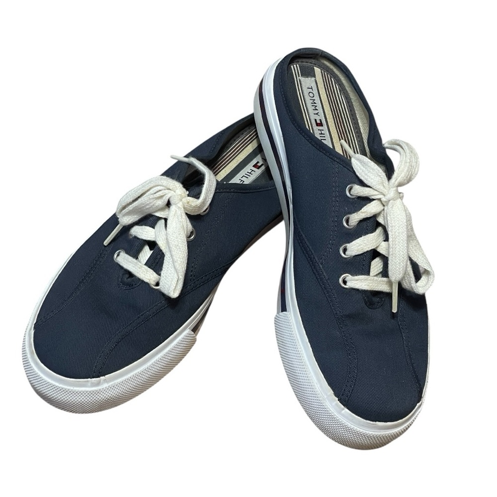 Tommy Hilfiger Womens Slip On Canvas Sneakers Navy Blue Mules Size 8 Beach Y2K